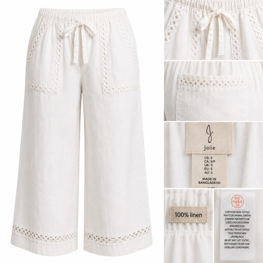 Joie Linen Pants Womens S White Wide Leg Crochet Lace Trim Drawstring Resortwear